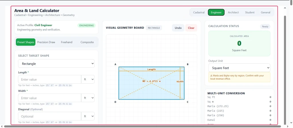 CalcNest area calculator interface with profile options, modes, input fields, canvas, and result pane