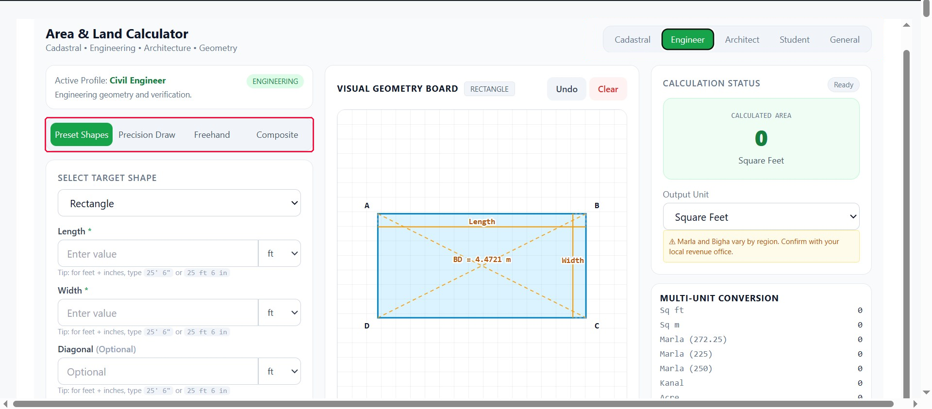 Four input modes — Preset Shapes, Precision Draw, Freehand, and Composite