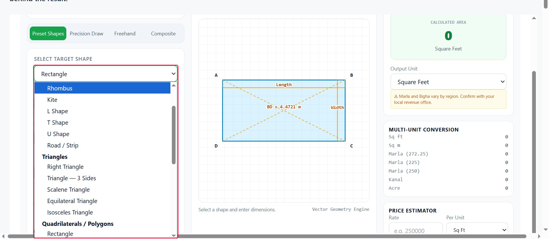 Preset shape dropdown showing Rectangle selected with Rhombus, Kite, and other options visible