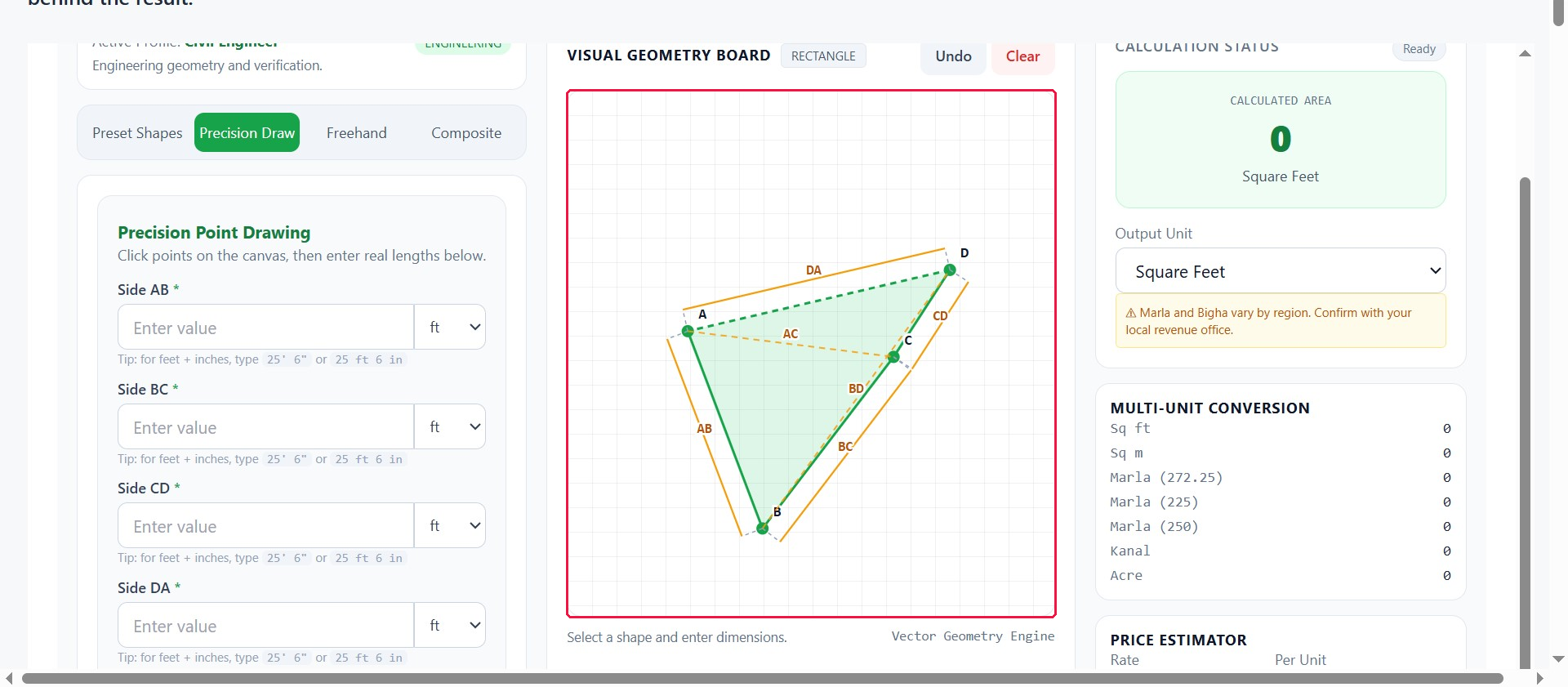 Precision Draw canvas with a quadrilateral drawn and vertices A, B, C, D labeled