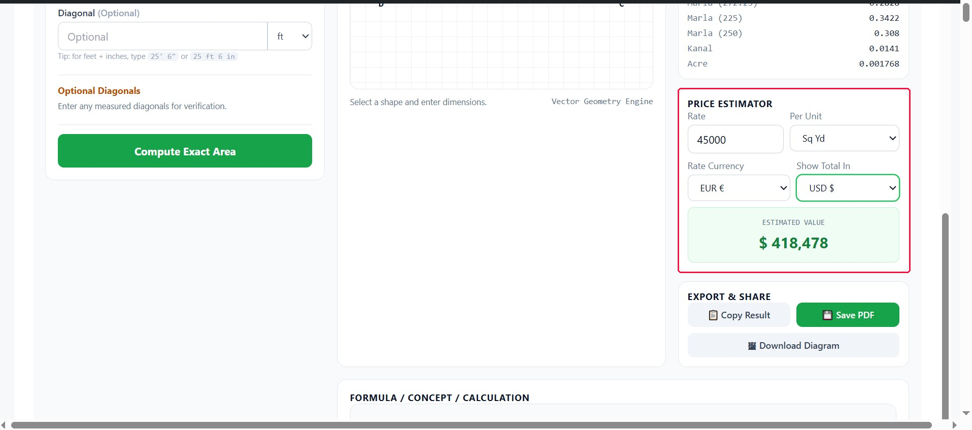 	Price estimator panel showing rate input, currency selection, and estimated value