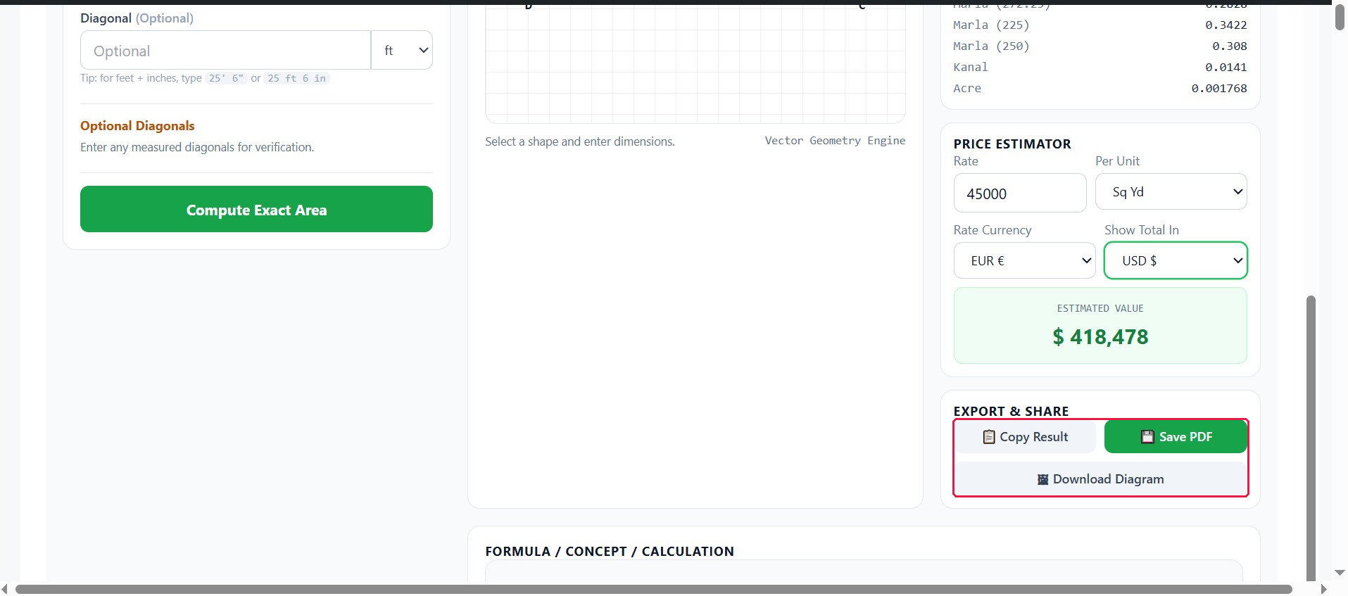 Export and share buttons — Copy Result, Save PDF, and Download Diagram