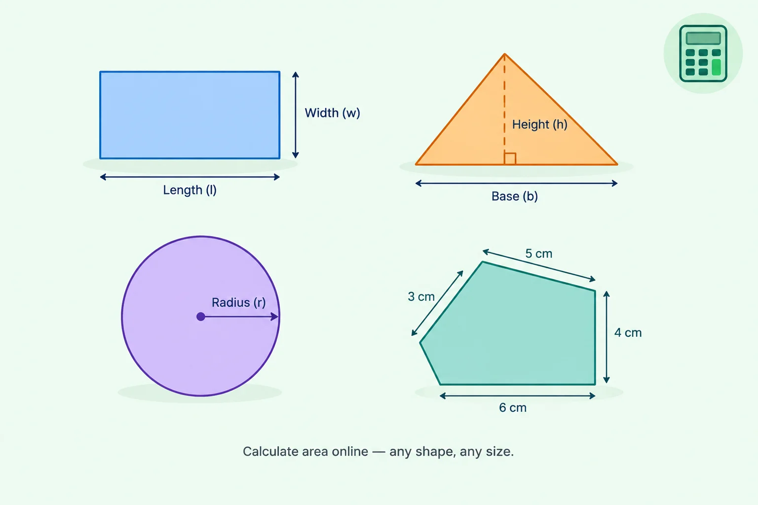 calculate-area-online-diagram Calculate area online with the CalcNest area calculator — rectangle, triangle, circle, and irregular shape diagrams.